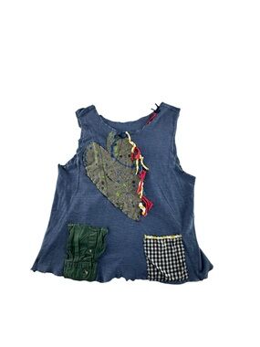 Blue Upcycled Patchwork Heart Tank Top with Mixed Fabric Pockets